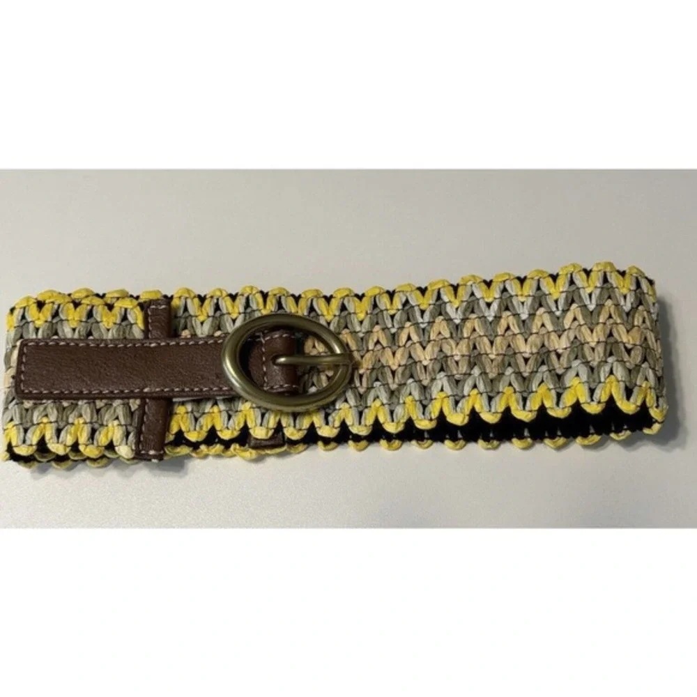 Loft Woven‎ Stretch Belt Yellow Tan Brown Braided Cinch L Bohemian Chic 70-02-01